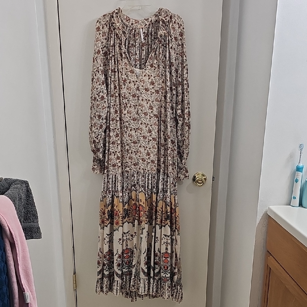 Free People Floral Long Sleeve Dress - Brown and Cream